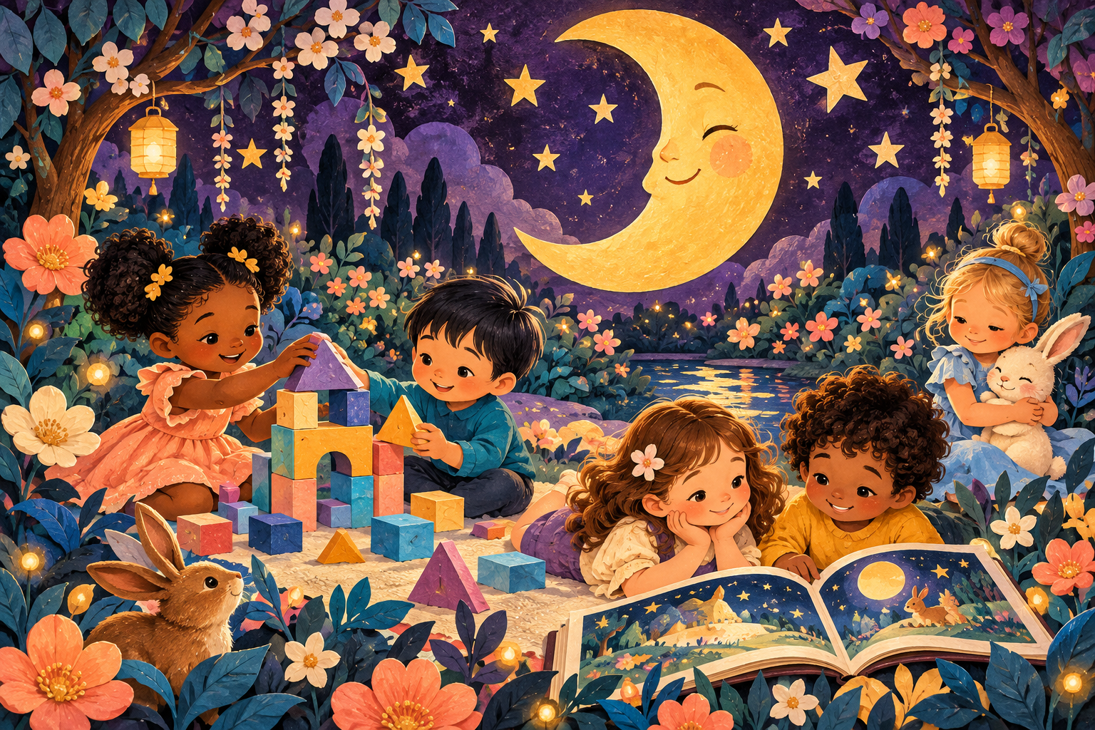 Storybook illustration of children playing and reading beneath a golden crescent moon
